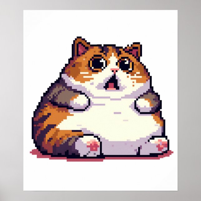 Affiche Mème de chat gras orange choqué pixel art (Devant)