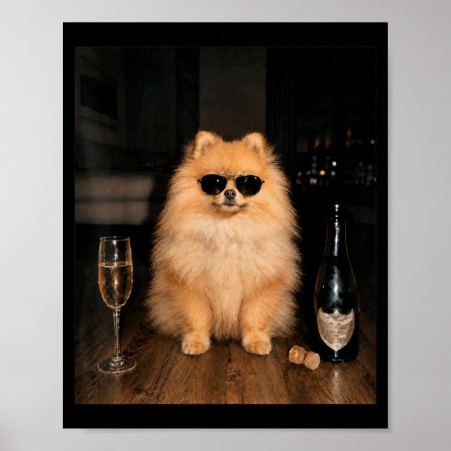 Affiche Mème drôle de Pomeranian buvant du Champagne (Devant)