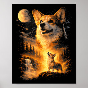 Affiche Mème vintage de corgi hurlant à la lune animal 90s