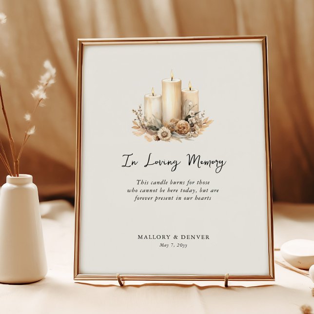 Affiche Mémoire d'amour bougie florale Mariage souvenir (In Loving Memory Sign from Romantic Wedding signs collection by Darling & May)