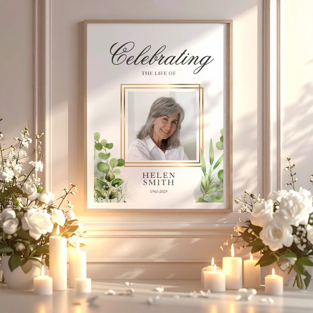 Affiche Memorial Celebration of Life Elegant Greenery  (Memorial Celebration of Life Elegant Greenery Poster, Loss Of Mom Gift, Loss Of Loved One)