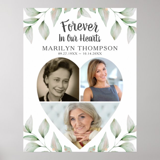 Affiche Mémorial Coeur en forme de 3 photos Verdure (Devant)