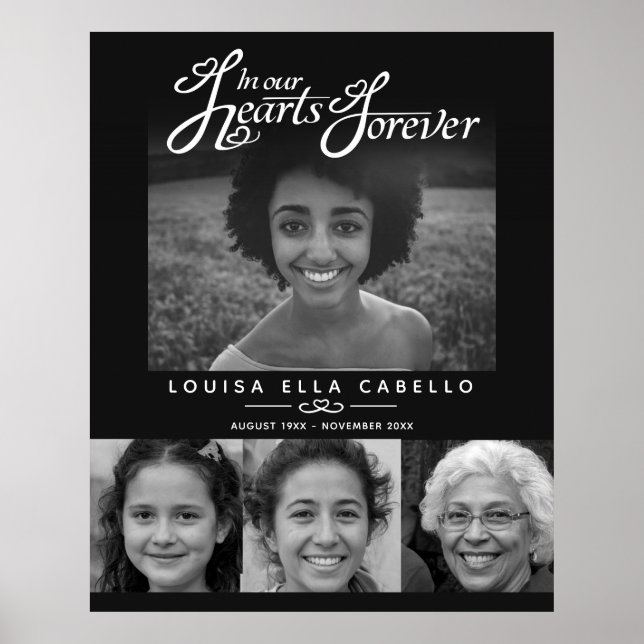 Affiche Mémorial dans les cœurs photos funérailles noir bl (Devant)