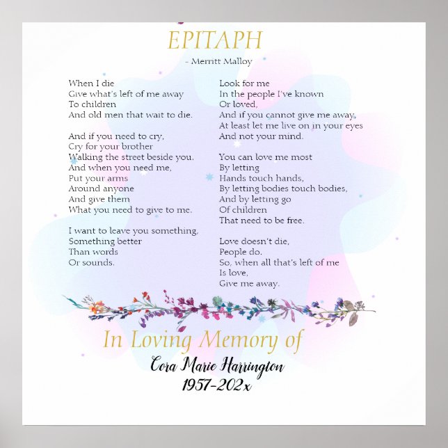 Affiche Mémorial Epitaph Poem Watercolor (Devant)