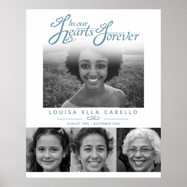 Affiche Memorial in hearts photos funeral gray blue white (Devant)