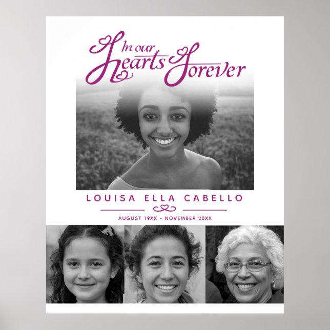 Affiche Memorial in hearts photos funeral violet white (Devant)