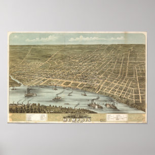 Affiche Memphis Tennessee 1870 Carte panoramique antique