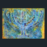 Affiche Menorah bleue<br><div class="desc">L'oeuvre originale de cette menorah est une peinture mixte créée avec de la peinture acrylique,  de la pâte de modélisation et du papier de l'artiste juif contemporain Meredith Gould.</div>