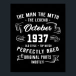 Affiche Mens Man Myth Legend October 1937 85th Birthday<br><div class="desc">Mens Man Myth Legend October 1937 85th Birthday Gift 85 Years Gift. Perfect gift for your dad,  mom,  papa,  men,  women,  friend and family members on Thanksgiving Day,  Christmas Day,  Mothers Day,  Fathers Day,  4th of July,  1776 Independent day,  Veterans Day,  Halloween Day,  Patrick's Day</div>