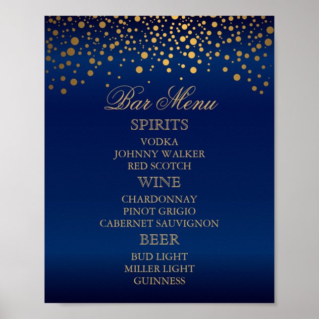 Affiche Menu à barres - Points Confetti d'or sur bleu mari (Devant)