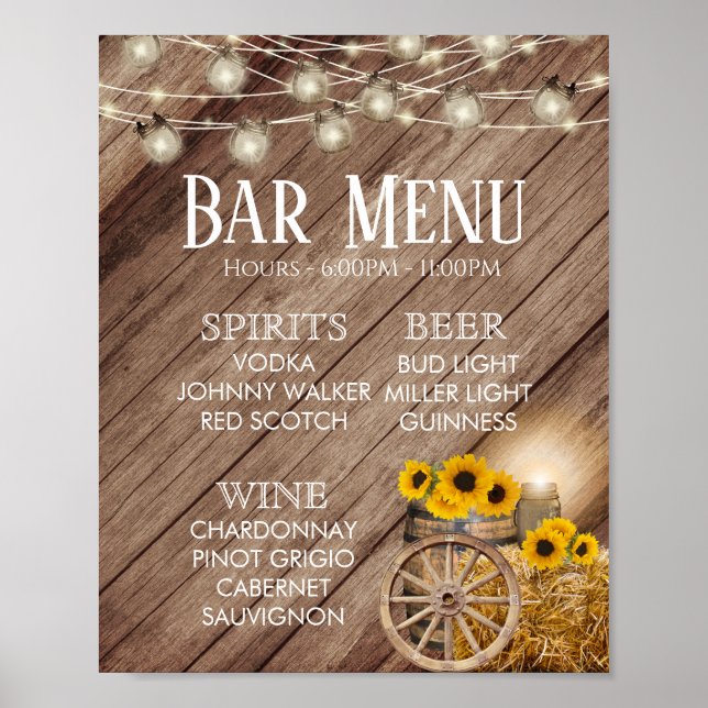 Affiche Menu Bar - Baril Rustique en Bois et Tournesols (Devant)
