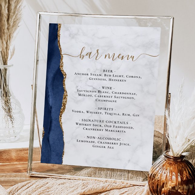 Affiche Menu Bar de Mariage Bleu Nuit Agate Marbre (Créateur téléchargé)
