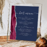 Affiche Menu Bar de Mariage Bordeaux Argent Agate Bleu Nui<br><div class="desc">Un panneau élégant pour le menu de votre bar de mariage. Les mots "menu bar" apparaissent en calligraphie grise argentée avec des fioritures au début et à la fin, avec un texte personnalisable en dessous. Un design d'agate aquarelle bordeaux orné de faux strass argentés décore la bordure gauche sur un...</div>