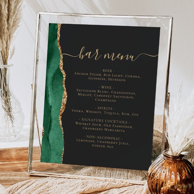 Affiche Menu Bar de Mariage Émeraude Vert Or Agate Foncé (Créateur téléchargé)