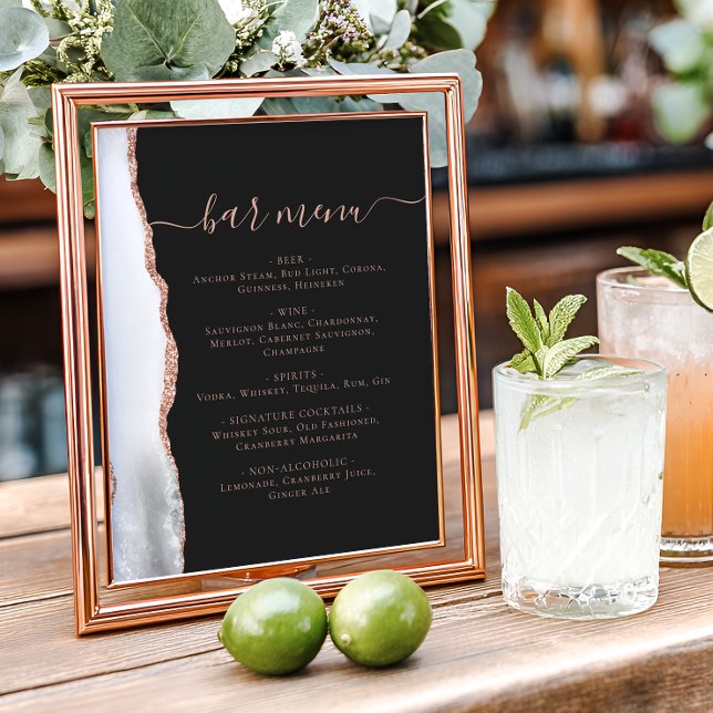 Affiche Menu Bar de Mariage Rose Grise Or Agate Foncé (Créateur téléchargé)