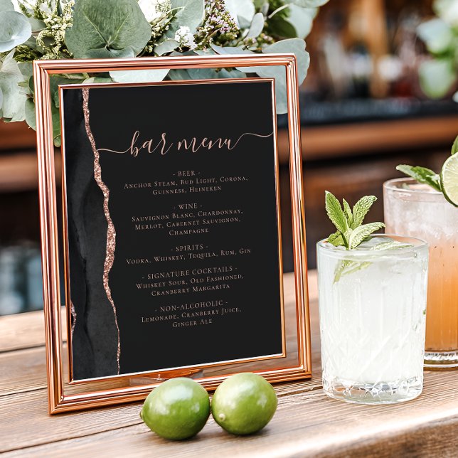 Affiche Menu Bar de Mariage Rose Noire Or Agate Sombre (Créateur téléchargé)