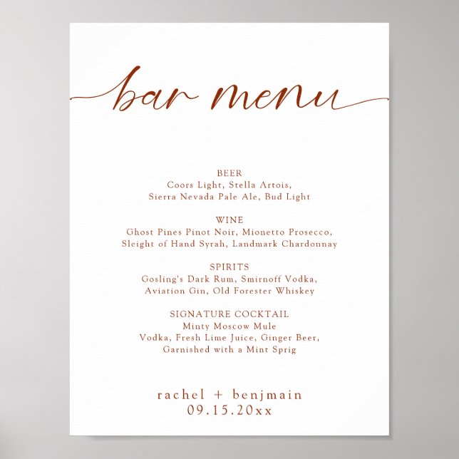 Affiche Menu Bar Mariage Terracotta Rouille Automne Minima (Devant)