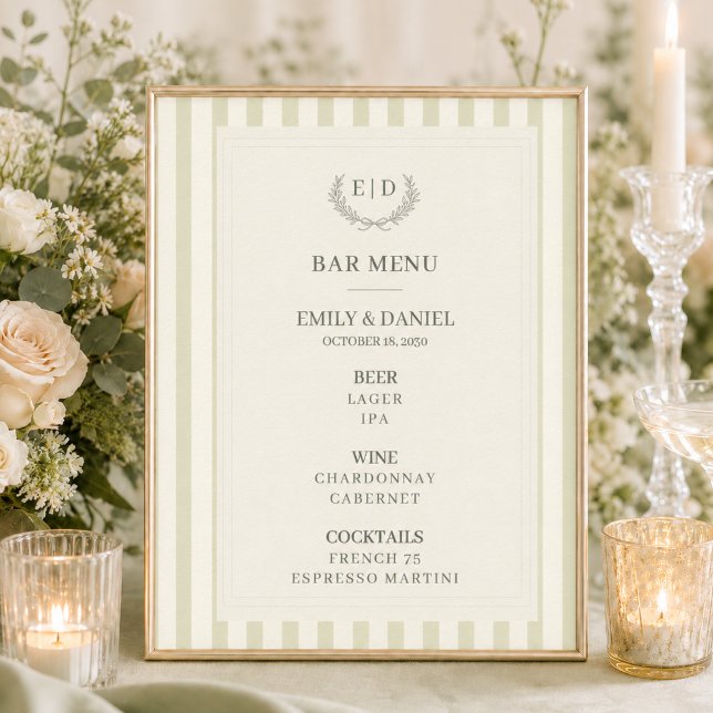 Affiche Menu Bar Mariage Vert Sauge Rayé Monogramme (Créateur téléchargé)