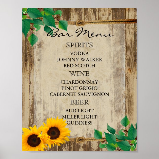 Affiche Menu Bar pour un Mariage - Tournesol (Devant)