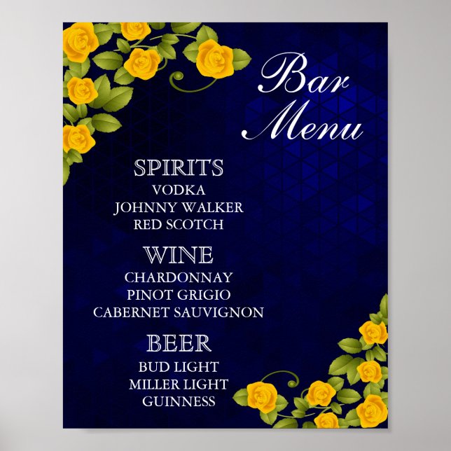 Affiche Menu Barre - Bleu foncé et Marigold Jaune Flower (Devant)