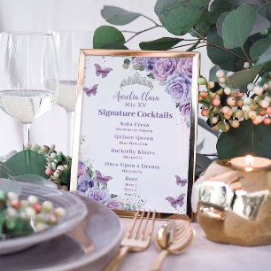 Affiche Menu Boisson de Quinceanera Floral Lavender Violet