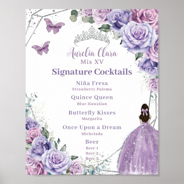 Affiche Menu Boisson de Quinceañera Floral Lavender violet (Devant)