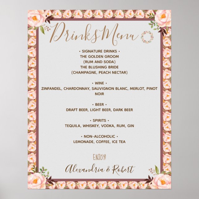 Affiche Menu Boissons Cadre rose Floral Mariage Signal (Devant)