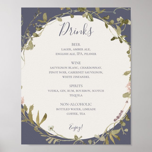 Affiche Menu Boissons Mariage Fleur sauvage Ressort Dusty  (Devant)