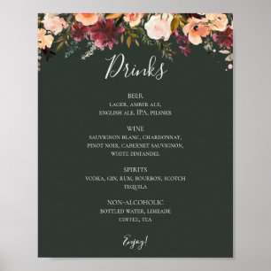 Affiche Menu Boissons Mariage Floral Orange Bourgogne