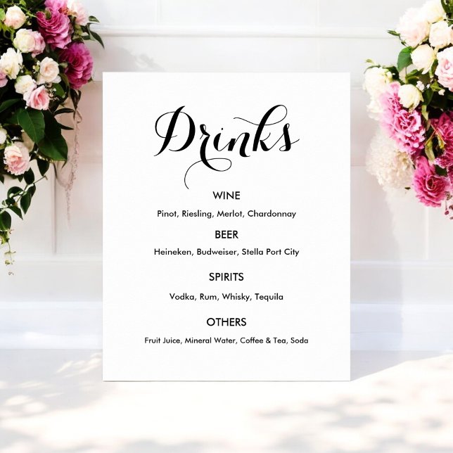 Affiche Menu Boissons Mariage Noir Blanc (Créateur téléchargé)