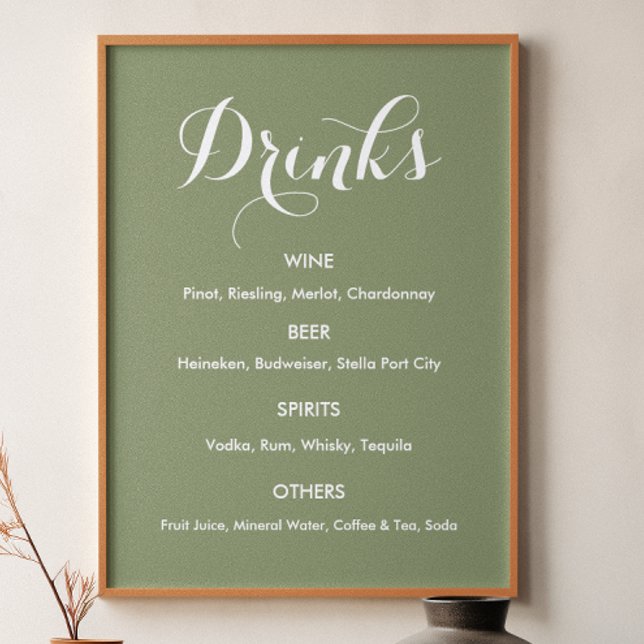 Affiche Menu Boissons Mariage Vert Sauge   (Créateur téléchargé)