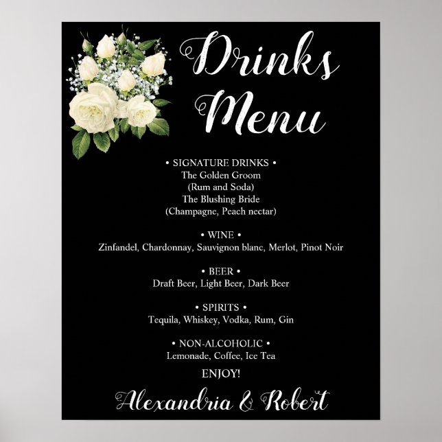 Affiche Menu Boissons | Panneau de Mariage (Devant)