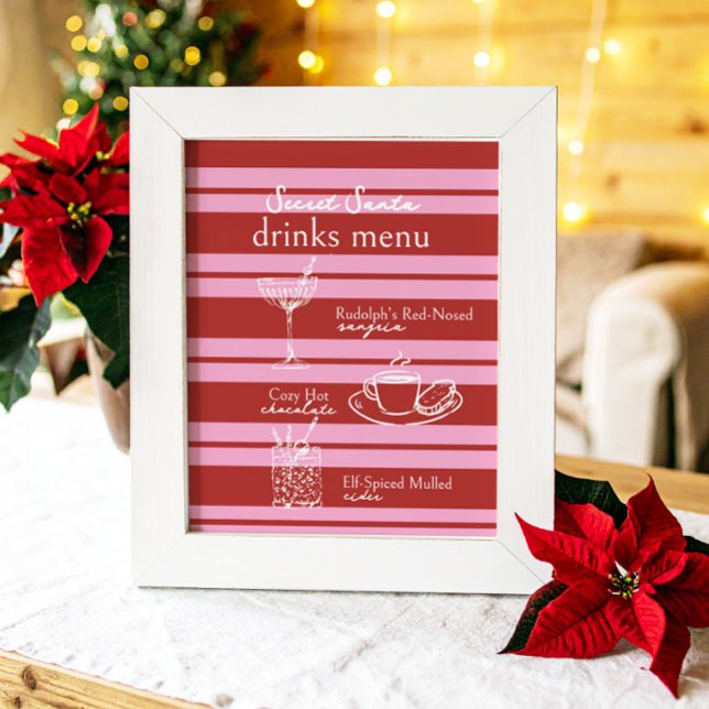 Affiche Menu Boissons Secret Père Noël Cabana Pink Stripe  (Créateur téléchargé)