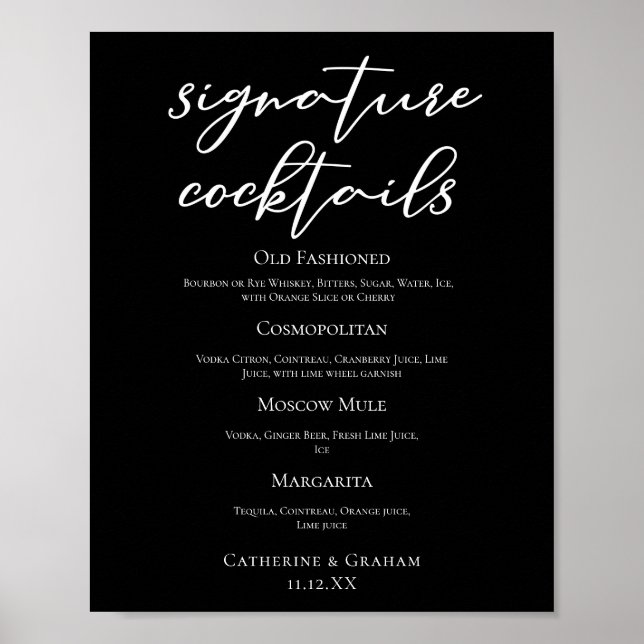 Affiche Menu chic de cocktails signature de mariage noir (Devant)