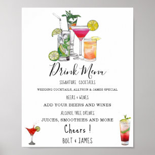 Affiche Menu cocktails de boisson mariage moderne illustra
