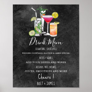 Affiche Menu cocktails de boisson mariage moderne illustra