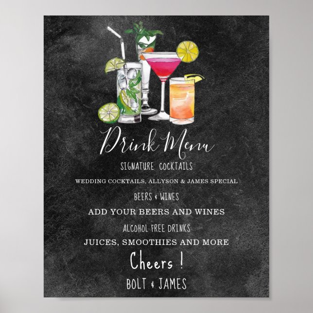Affiche Menu cocktails de boisson mariage moderne illustra (Devant)