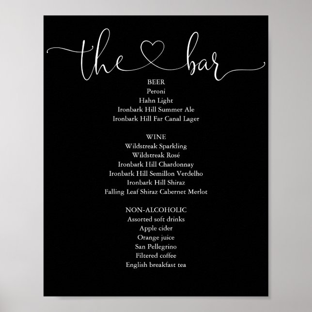 Affiche Menu de bar à script cœur noir et blanc (Devant)