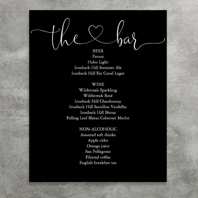 Affiche Menu de bar à script cœur noir et blanc (Black And White Heart Script Bar Menu Poster)