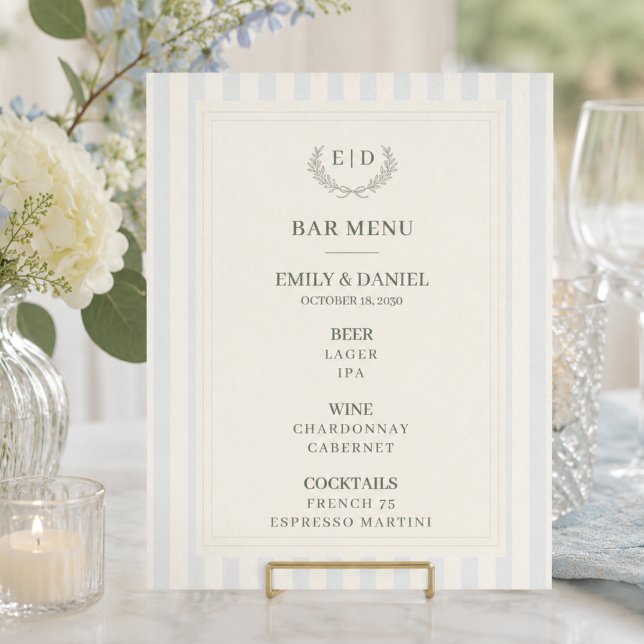 Affiche Menu de bar bleu et sage rayé Monogramme Mariage (Créateur téléchargé)