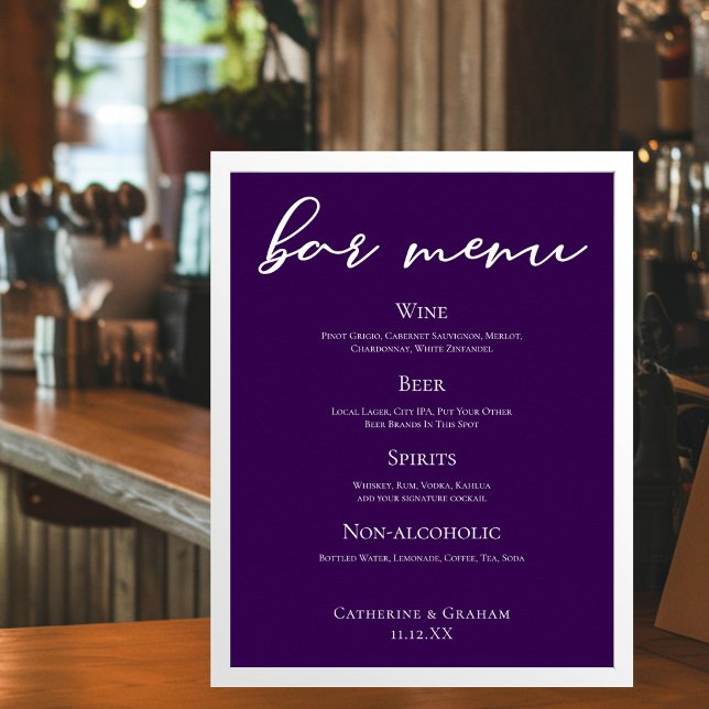 Affiche Menu de Bar de Mariage à Typographie Blanche Viole (Créateur téléchargé)