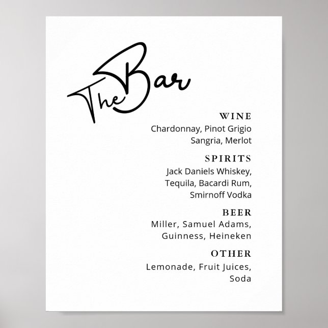 Affiche Menu de bar de mariage à typographie noire et blan (Devant)