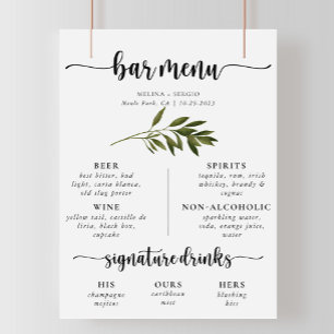 Affiche Menu de bar de mariage aux feuilles vertes botaniq