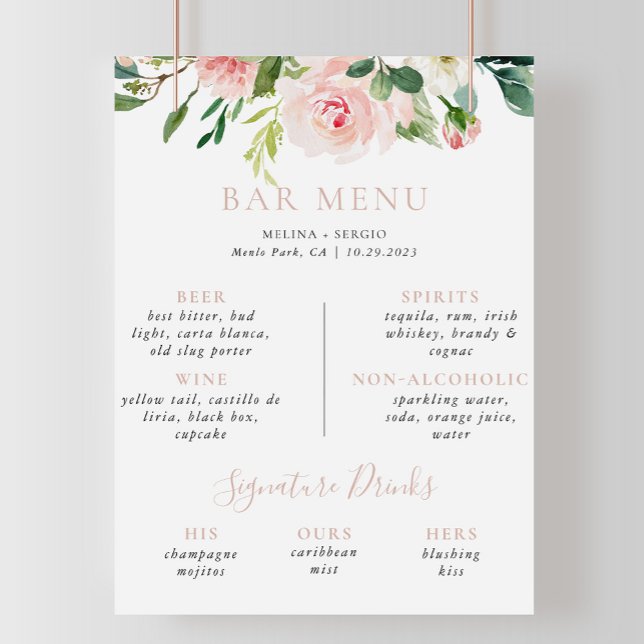 Affiche Menu de bar de mariage aux fleurs d'automne en or  (Créateur téléchargé)