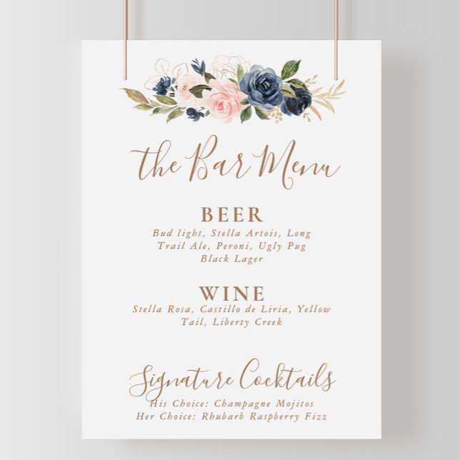 Affiche Menu de bar de mariage aux fleurs roses bleues or  (Créateur téléchargé)