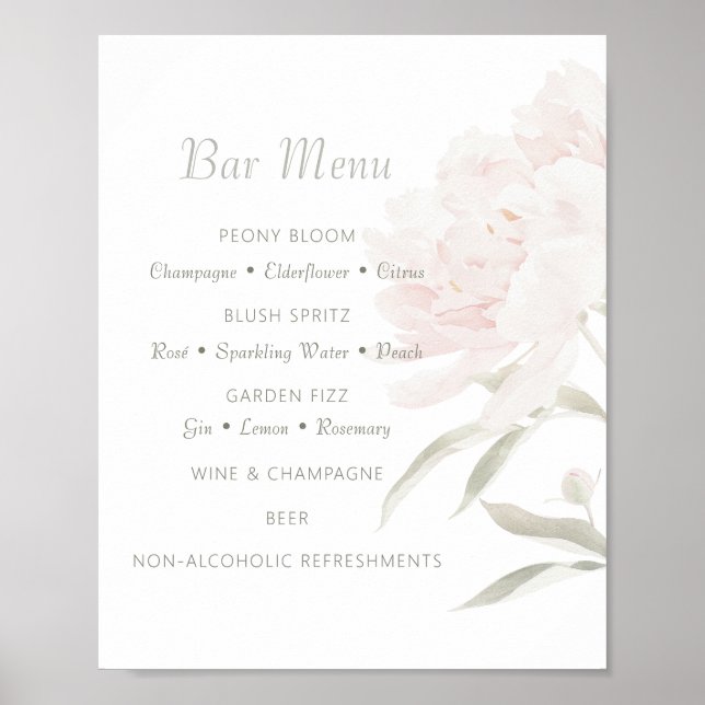 Affiche Menu de bar de mariage aux pivoines Soft Blush (Devant)