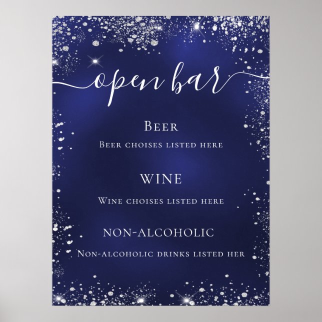 Affiche Menu de bar de mariage bleu marine paillettes arge (Devant)