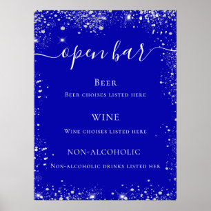 Affiche Menu de bar de mariage bleu royal pailleté d'argen