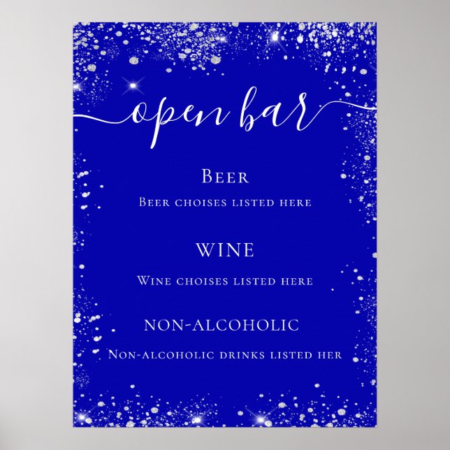 Affiche Menu de bar de mariage bleu royal pailleté d'argen (Devant)