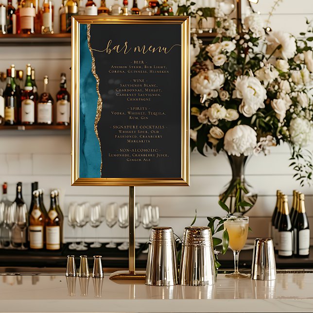Affiche Menu de bar de mariage bleu sarcelle or agate fonc (Créateur téléchargé)